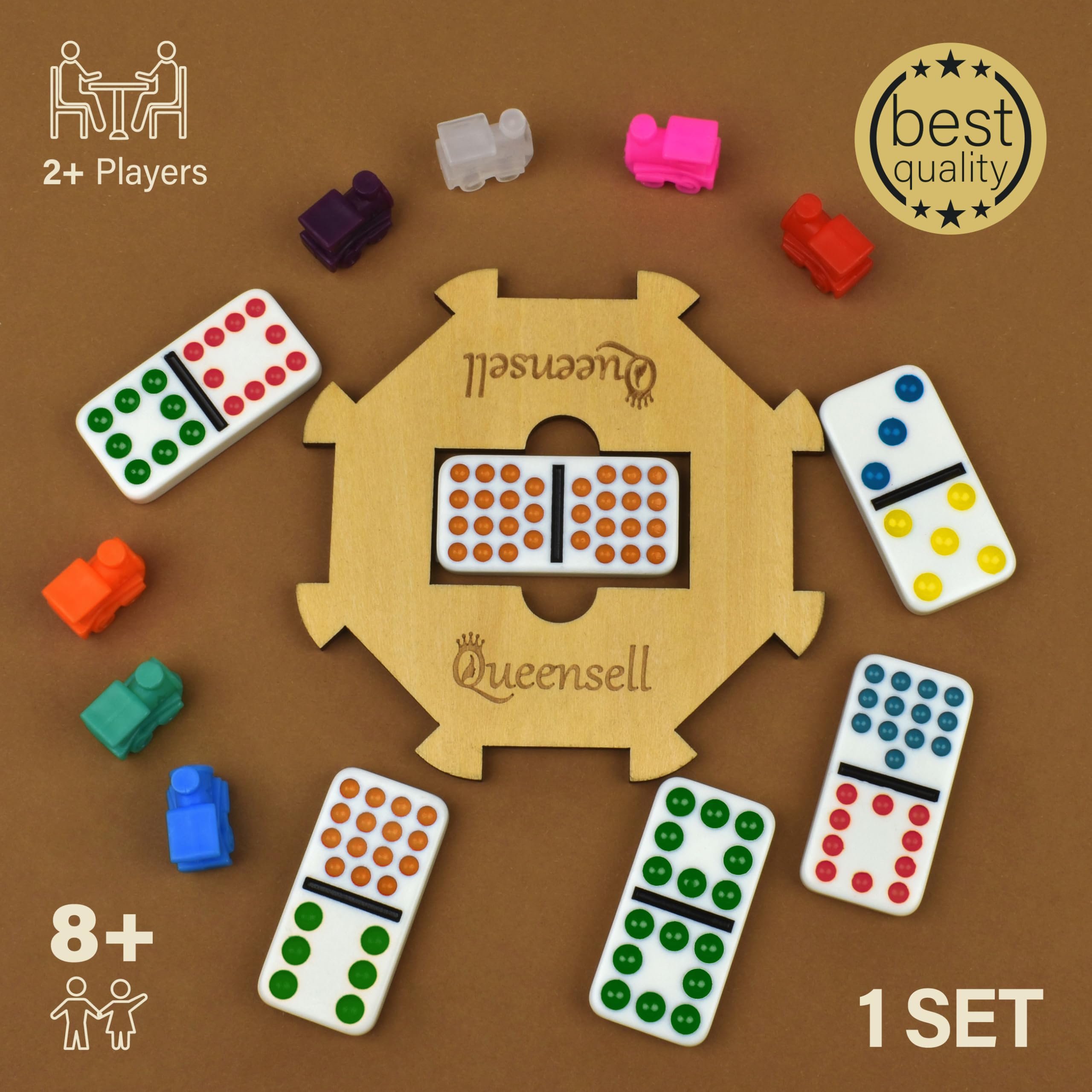 Queensell colored dots on dominoes aid visual matching.