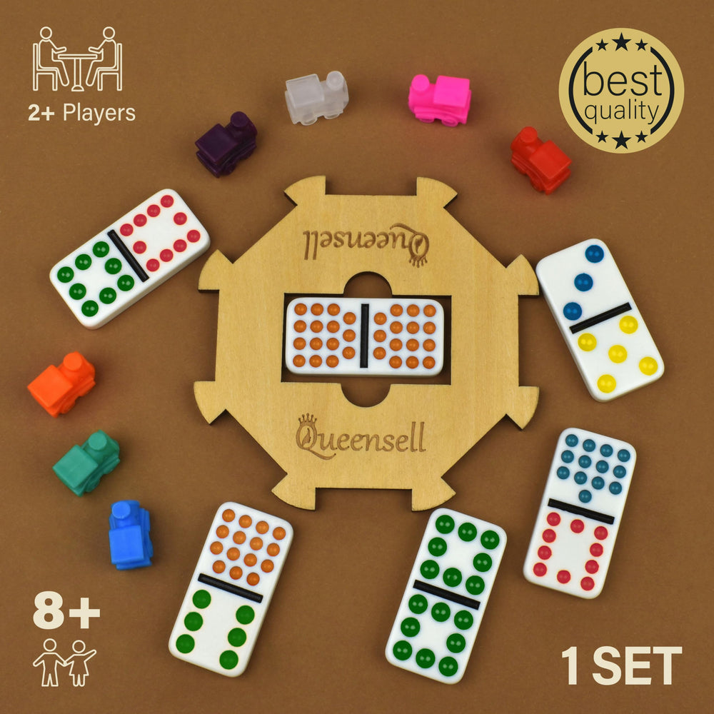 Queensell colored dots on dominoes aid visual matching.