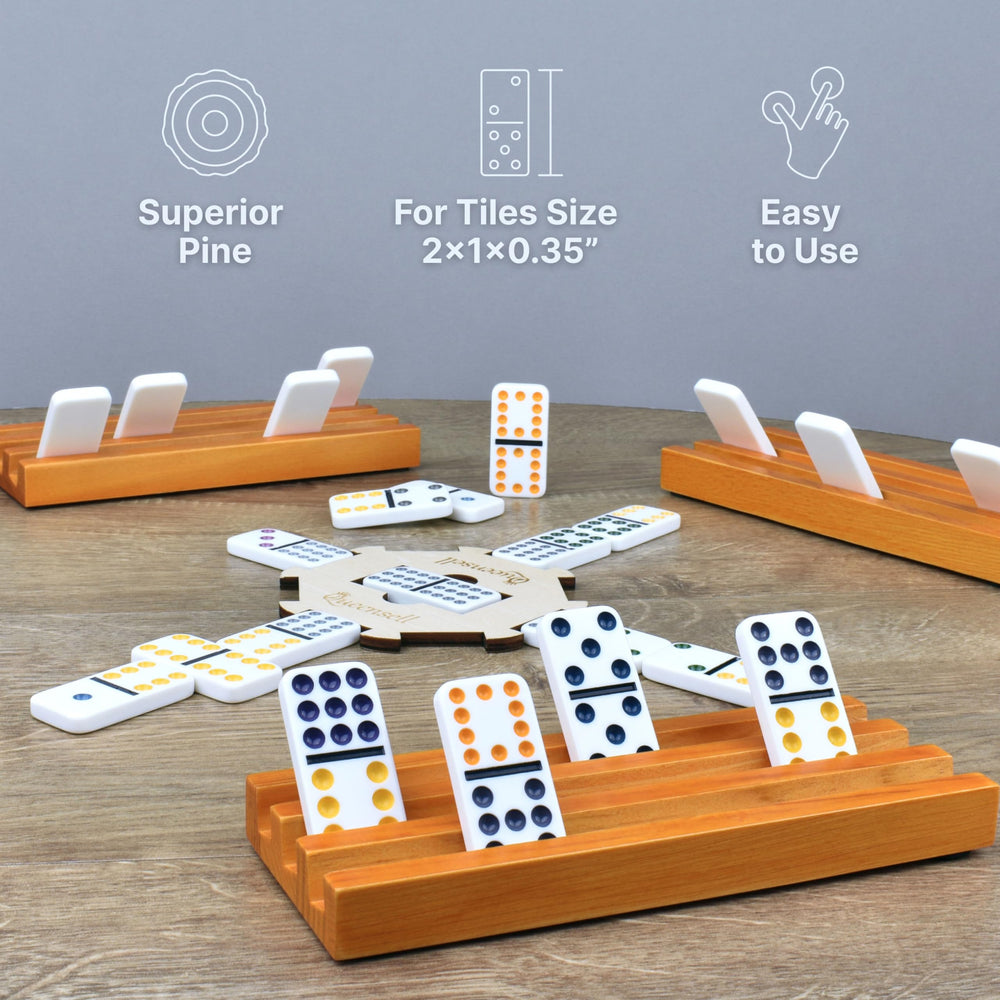 Queensell domino holders four-pack ideal for Mexican Train gatherings.