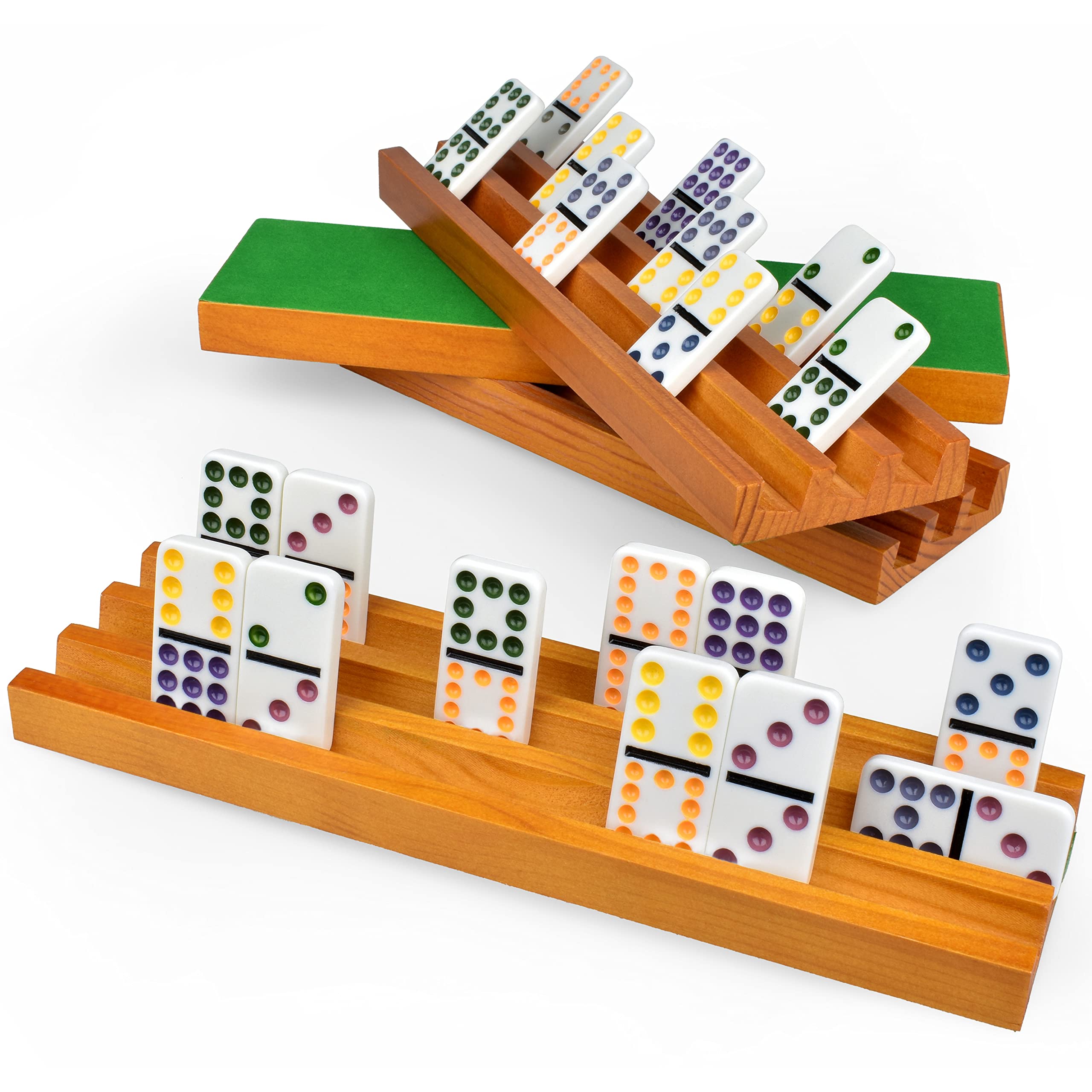 Queensell domino holders wooden trays: sturdy four-piece set for Mexican Train and other domino games.