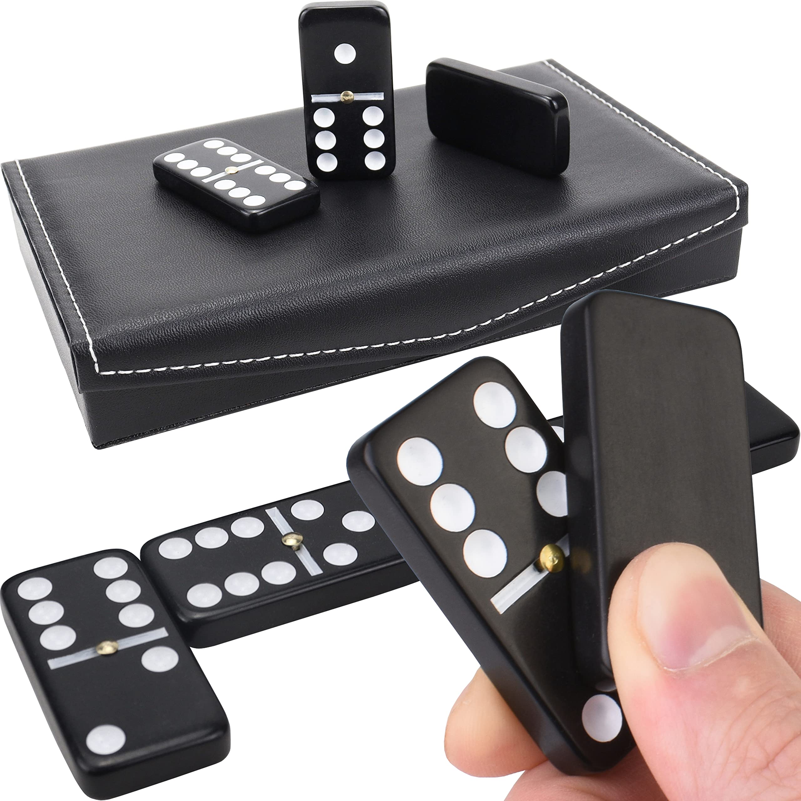 Queensell domino set with 28 tiles and black PU leather case for easy storage and play