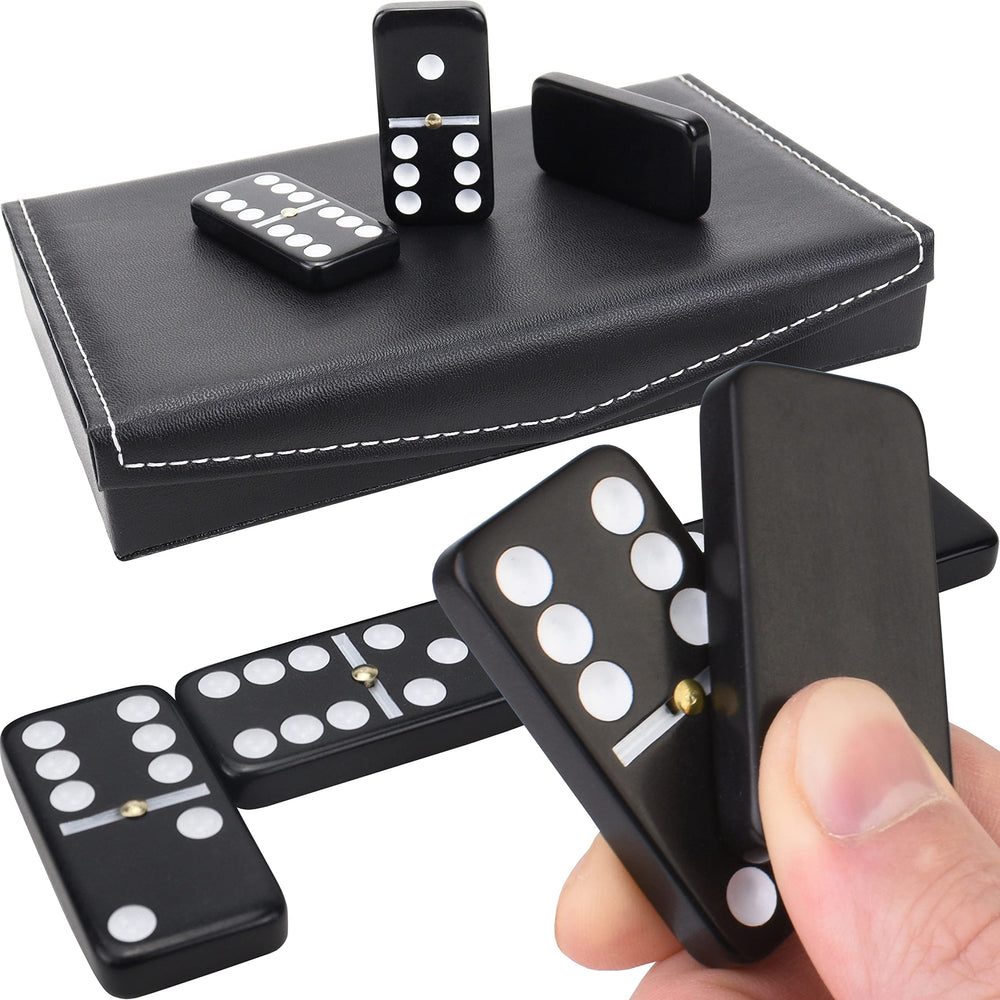 Queensell domino set with 28 tiles and black PU leather case for easy storage and play