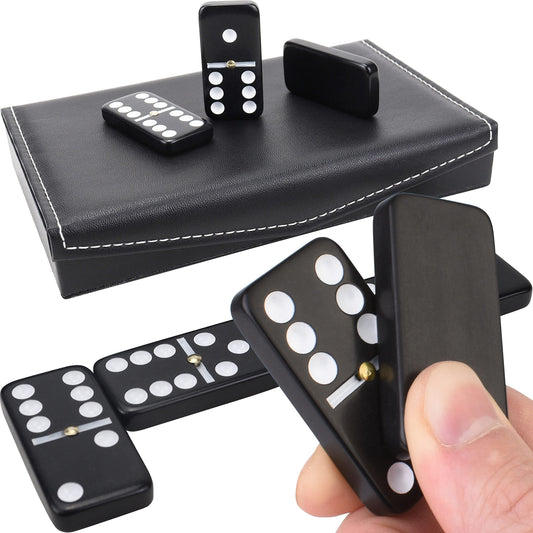 Queensell domino set with 28 tiles and black PU leather case for easy storage and play