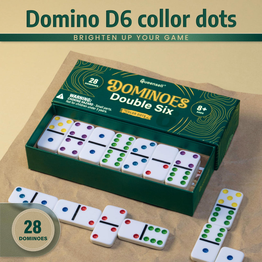 Queensell domino set features colored dots for quick readability and vibrant gameplay