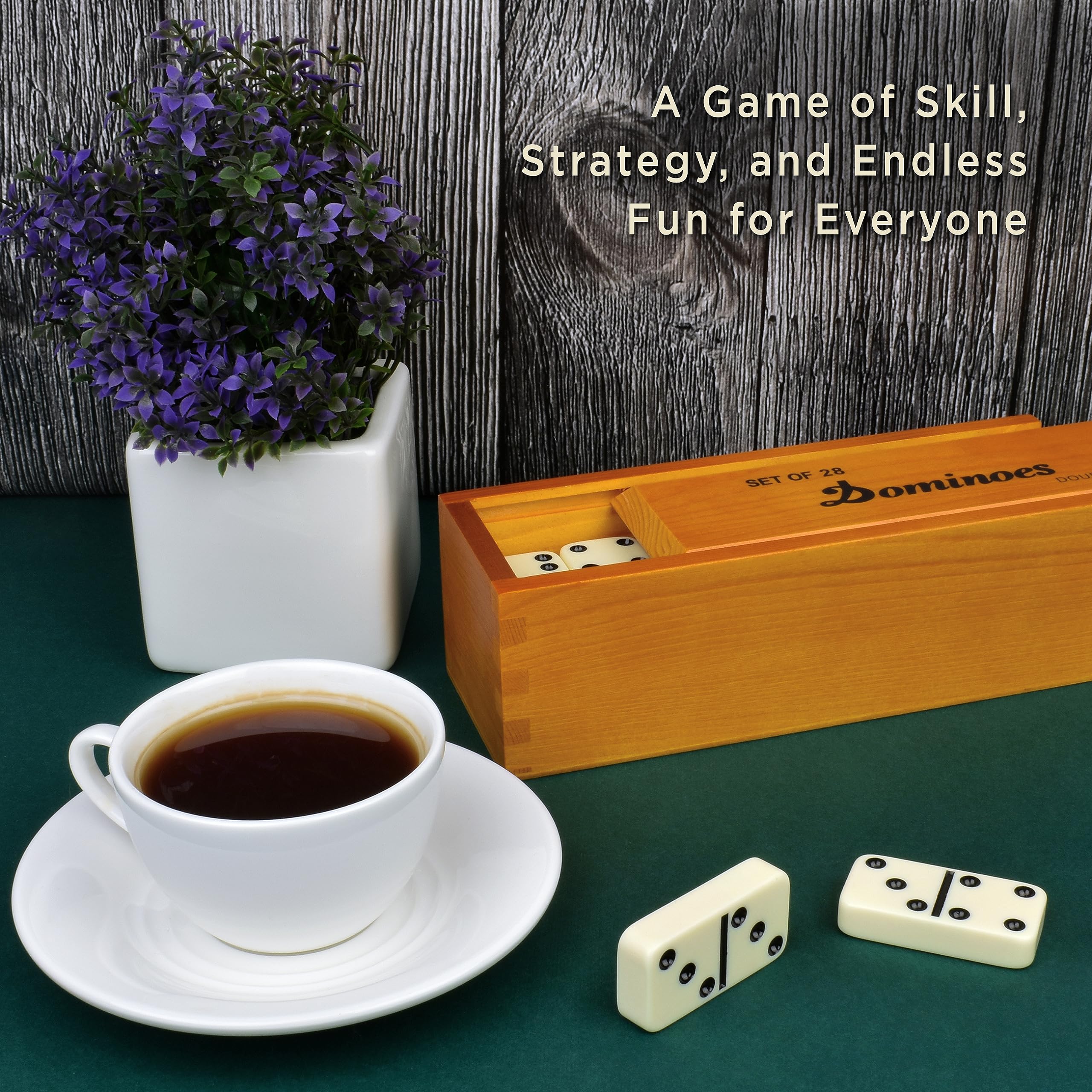 Queensell Ivory tiles and wooden frame evoke timeless family game nights.