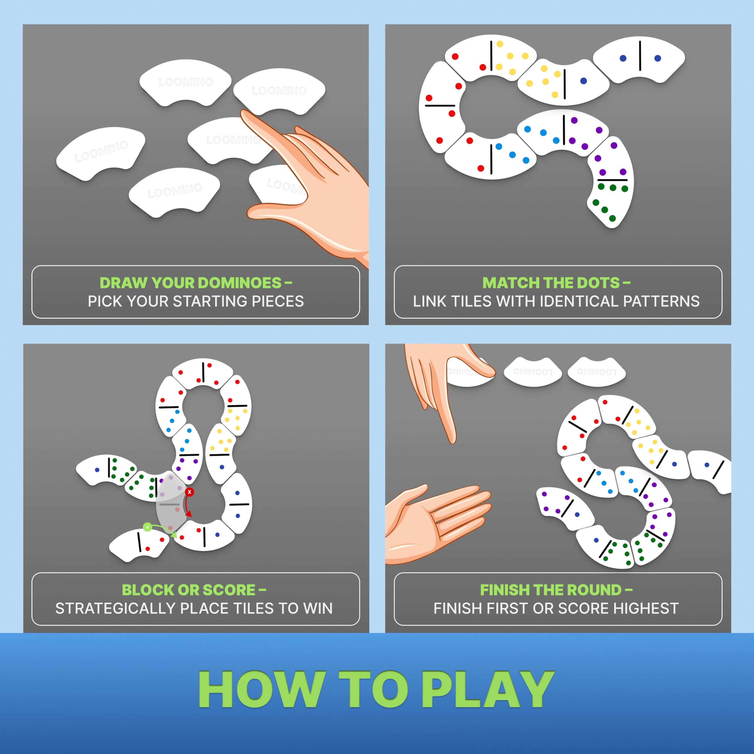 Queensell Loomino curved tiles support engaging competition in family play.
