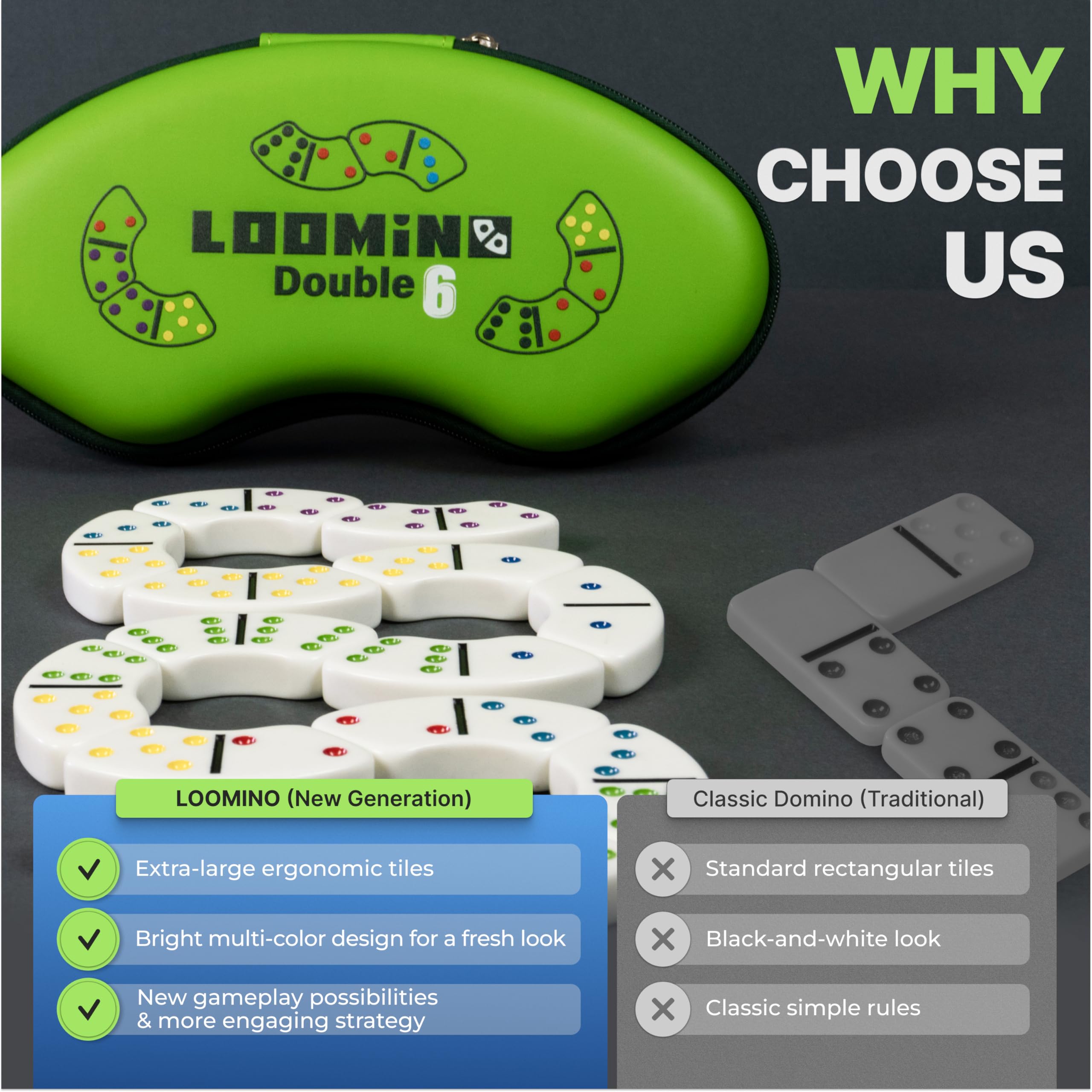 Queensell Loomino family game-night setup showcases a modern domino experience.