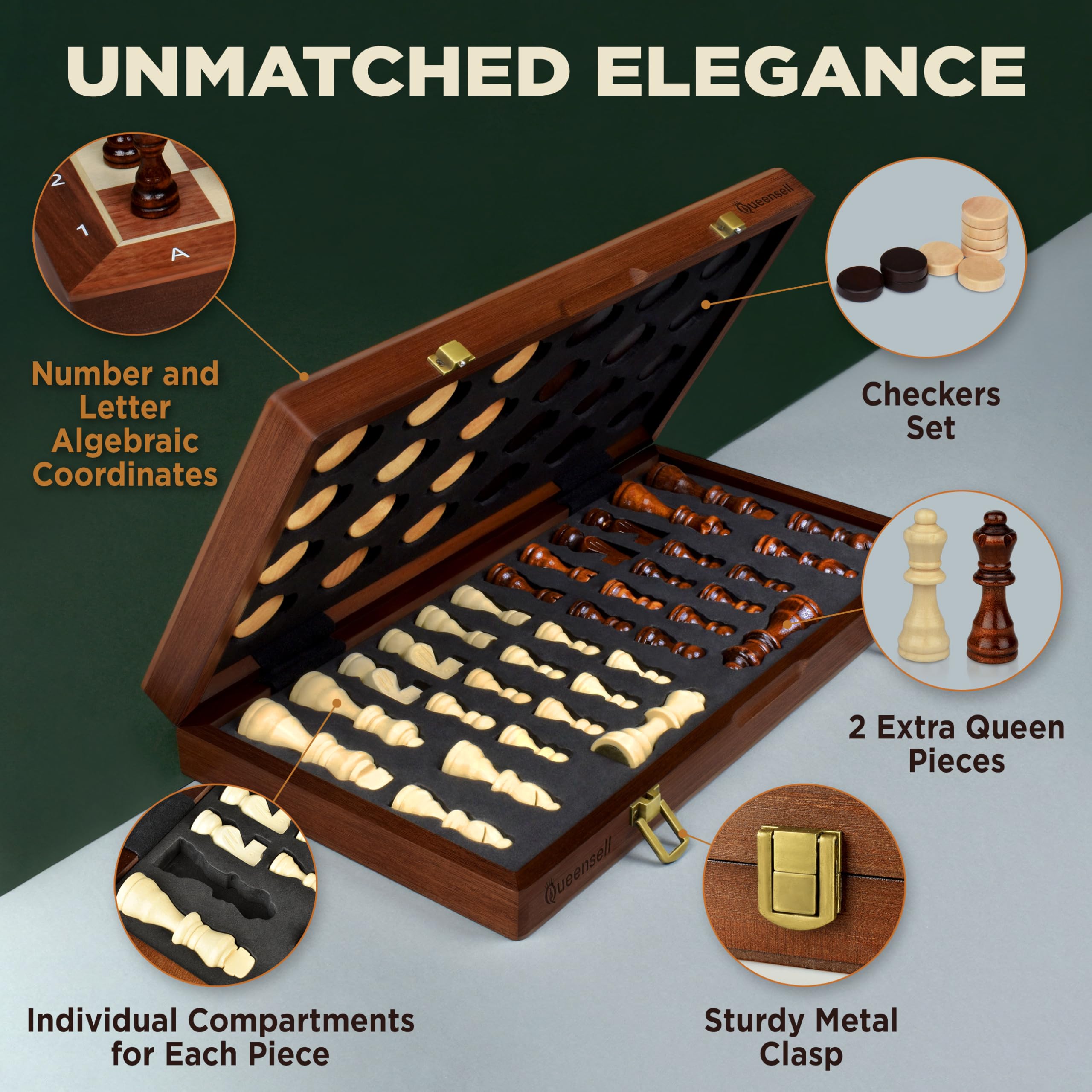 Queensell magnetic chess pieces, 32-piece set with two extra queens