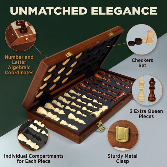Queensell magnetic chess pieces, 32-piece set with two extra queens