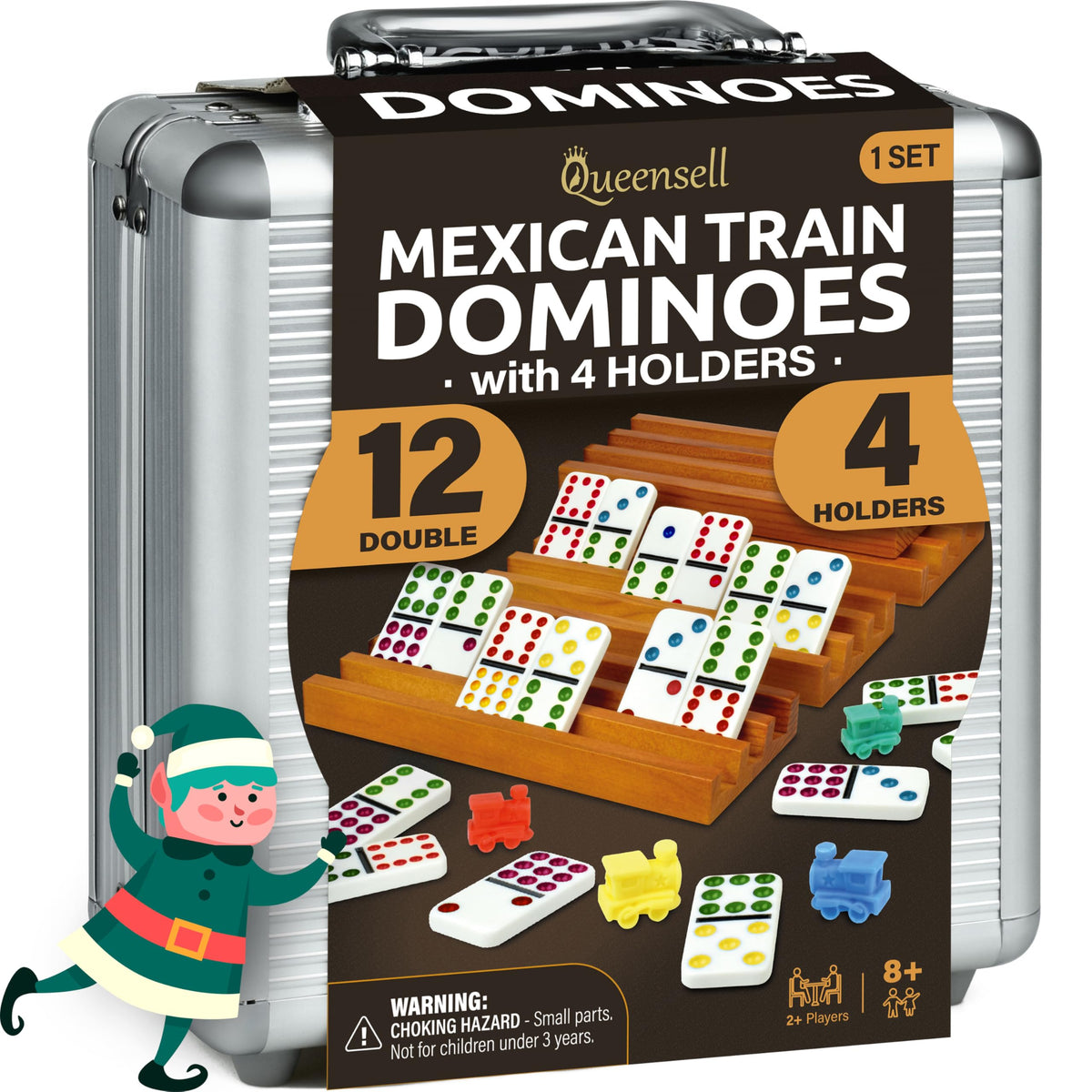 Queensell Mexican Train Dominoes Set with holders and hub for family game night.