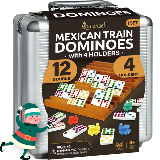 Queensell Mexican Train Dominoes Set with holders and hub for family game night.