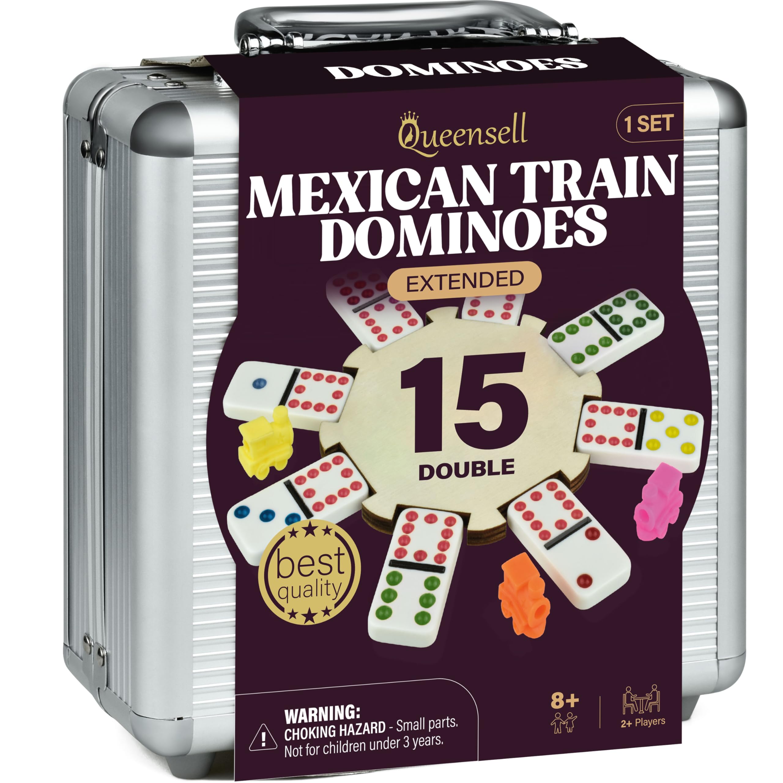 Queensell Mexican Train dominoes tiles, 136 pieces, ideal for family games.