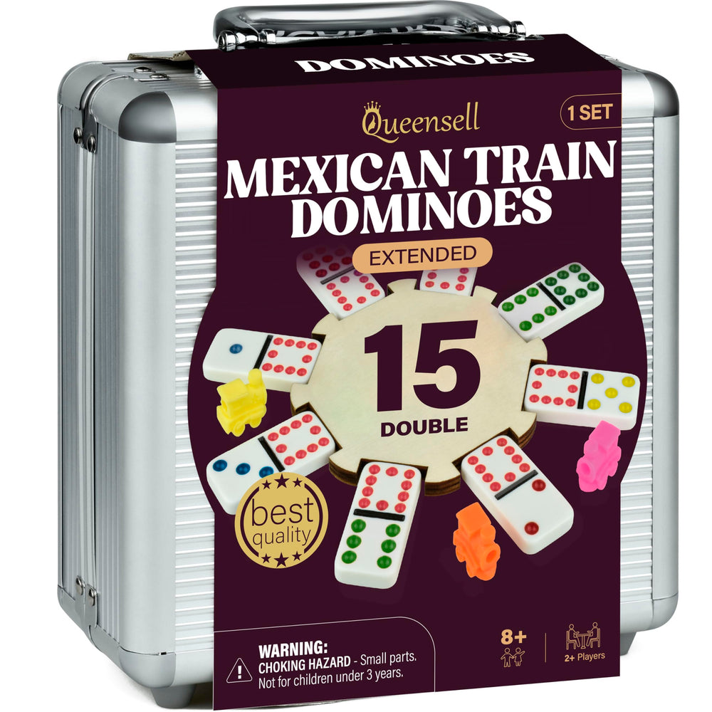 Queensell Mexican Train dominoes tiles, 136 pieces, ideal for family games.