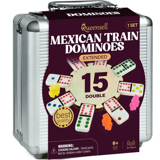 Queensell Mexican Train dominoes tiles, 136 pieces, ideal for family games.