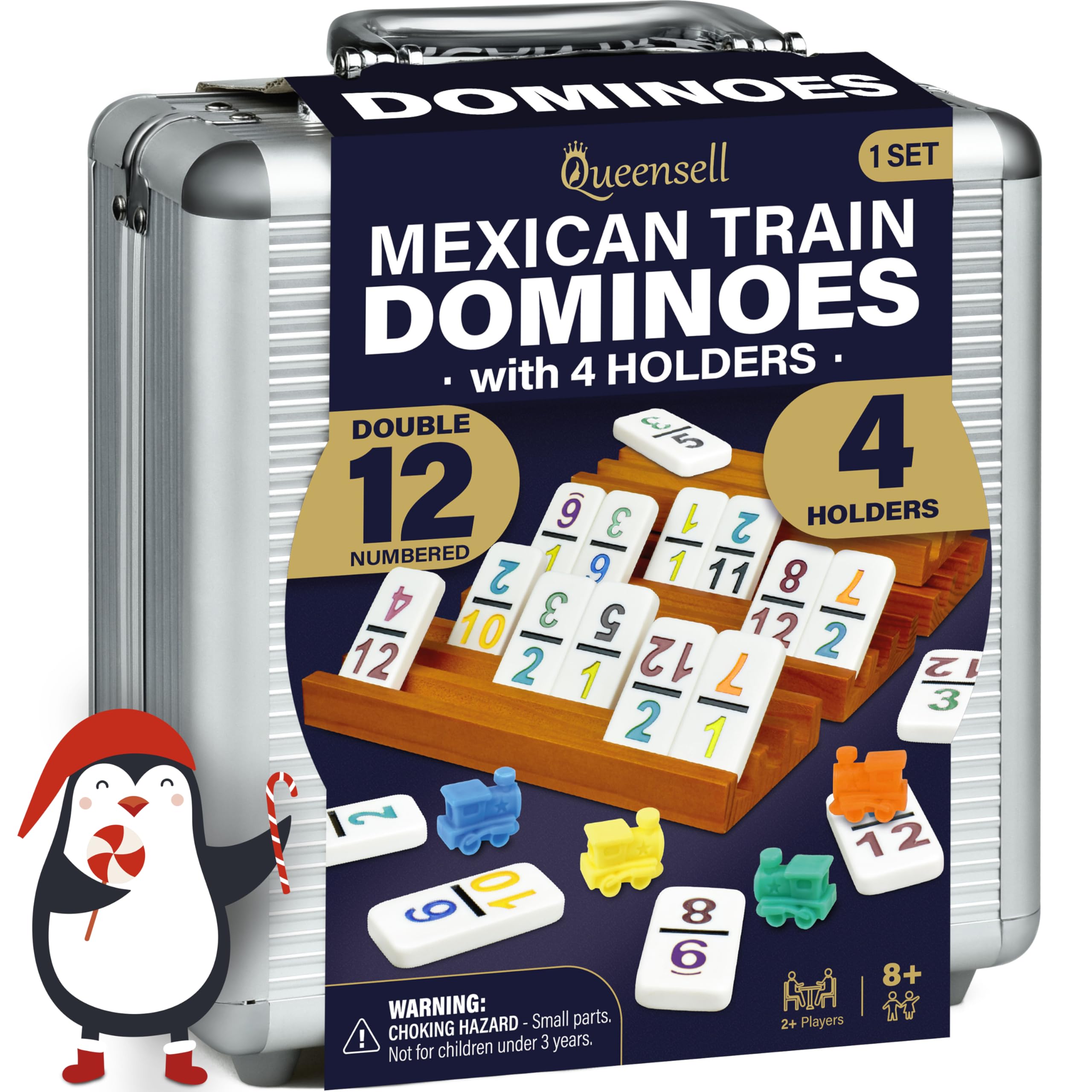 Queensell Mexican Train dominoes tiles and holders arranged for organized, quick setup