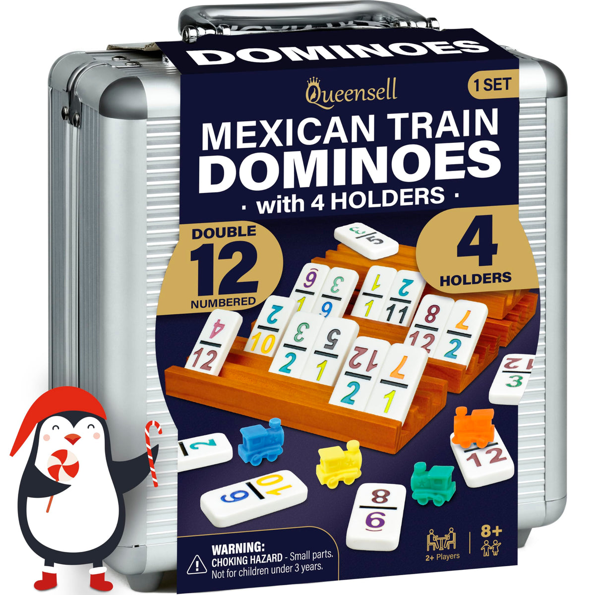 Queensell Mexican Train dominoes tiles and holders arranged for organized, quick setup