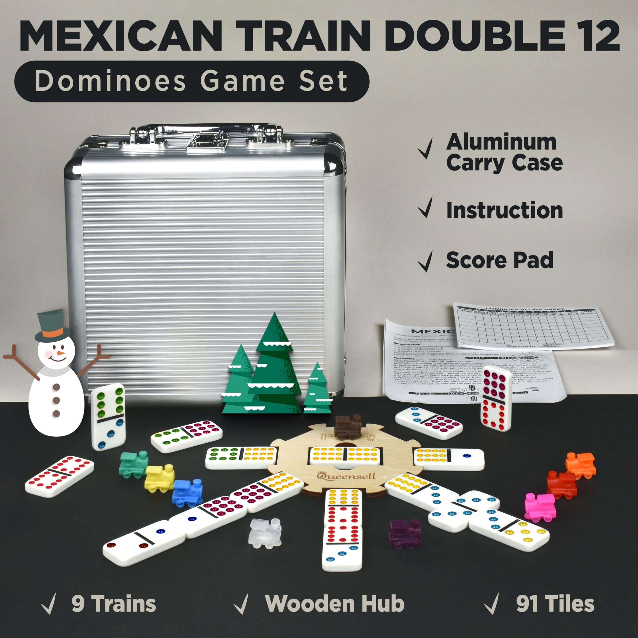 Queensell Mexican Train plastic trains neatly arranged for quick setup and smooth turns.