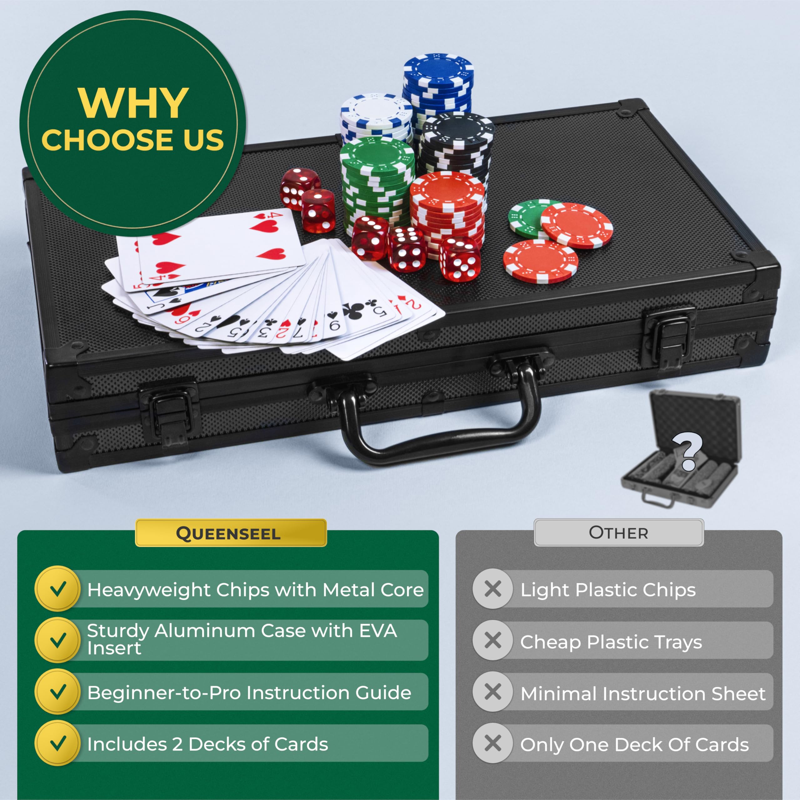 Colorful Queensell poker chips support authentic table feel