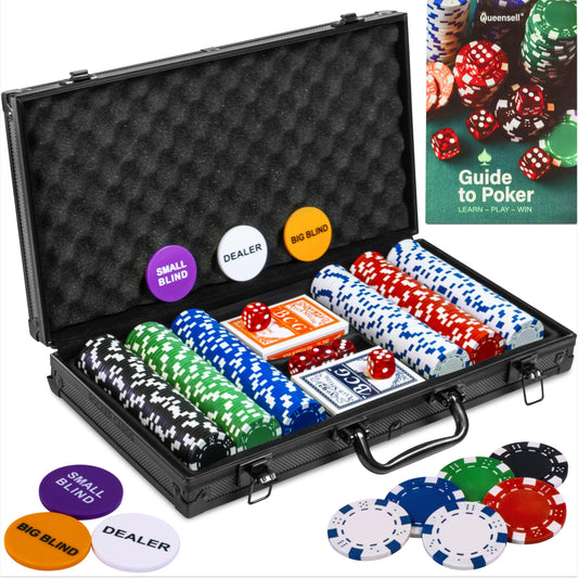 Queensell poker chips arranged for a premium home game