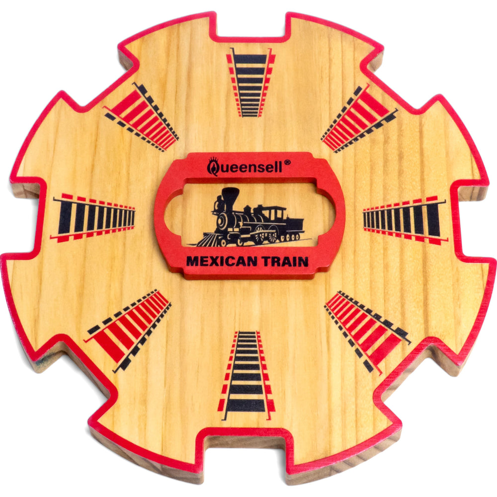 Queensell wooden Mexican Train Hub closeup shows smooth wood for organized play.