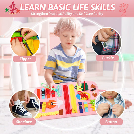 Quiet Flower 8-in-1 Busy Board activity pages demonstrated for varied skill practice