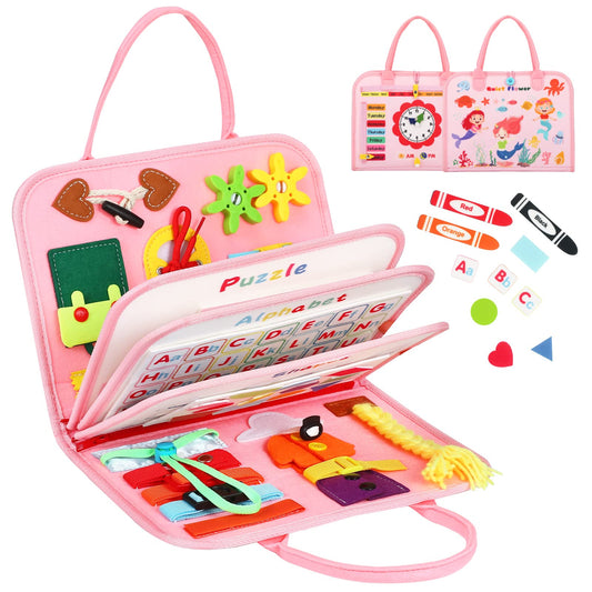 Quiet Flower 8-in-1 Busy Board front view, child-safe design for travel and independent play