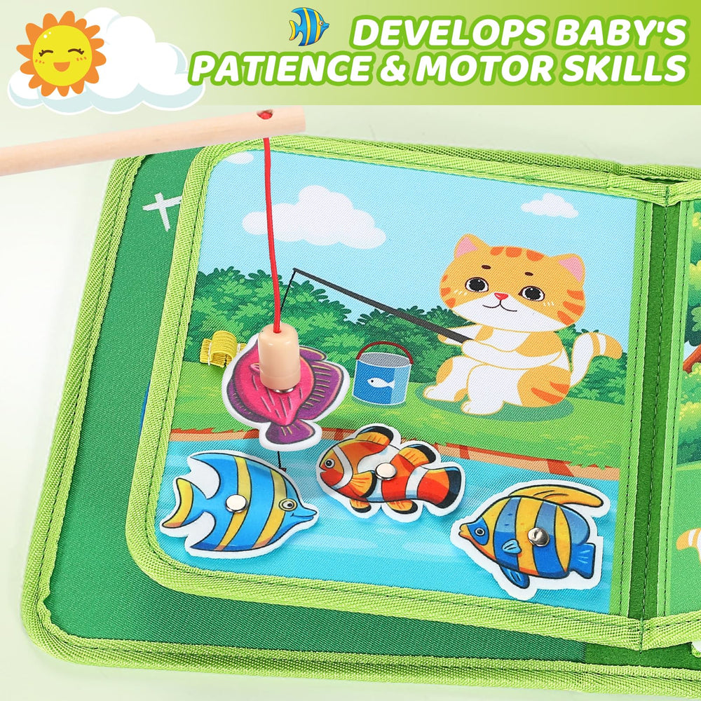 Quiet Flower Busy Book fishing game develops hand-eye coordination through playful challenges.