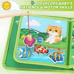 Quiet Flower Busy Book fishing game develops hand-eye coordination through playful challenges.