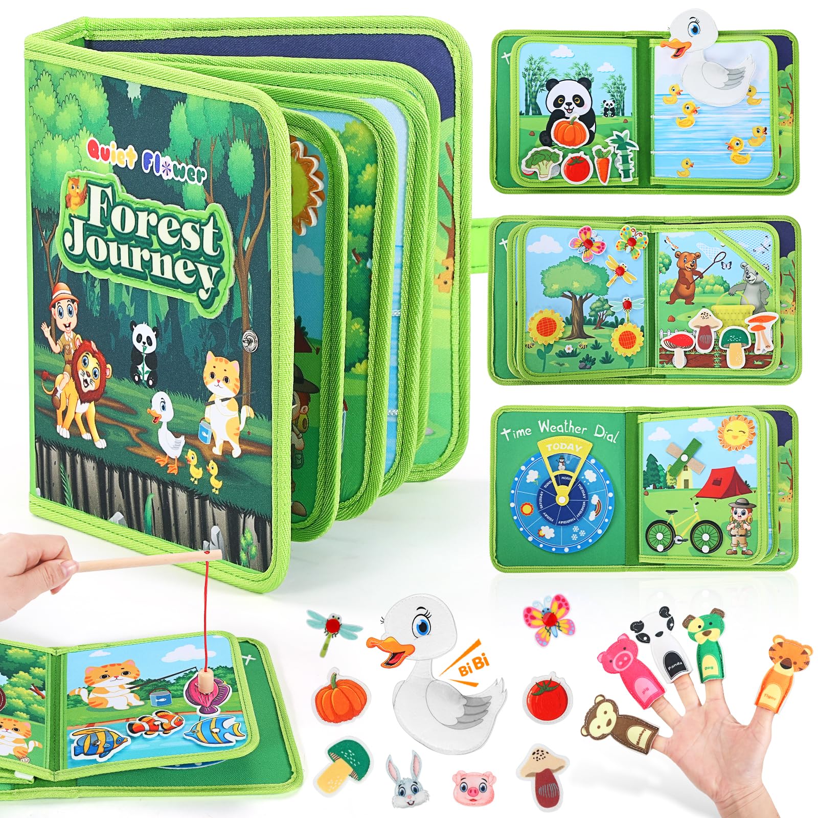 Quiet Flower Busy Book forest setup promotes fine motor practice and imaginative play.