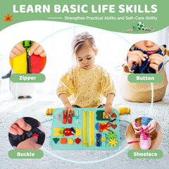 Quiet Flower Busy Board travel-ready setup shown on car seat for on-the-go play