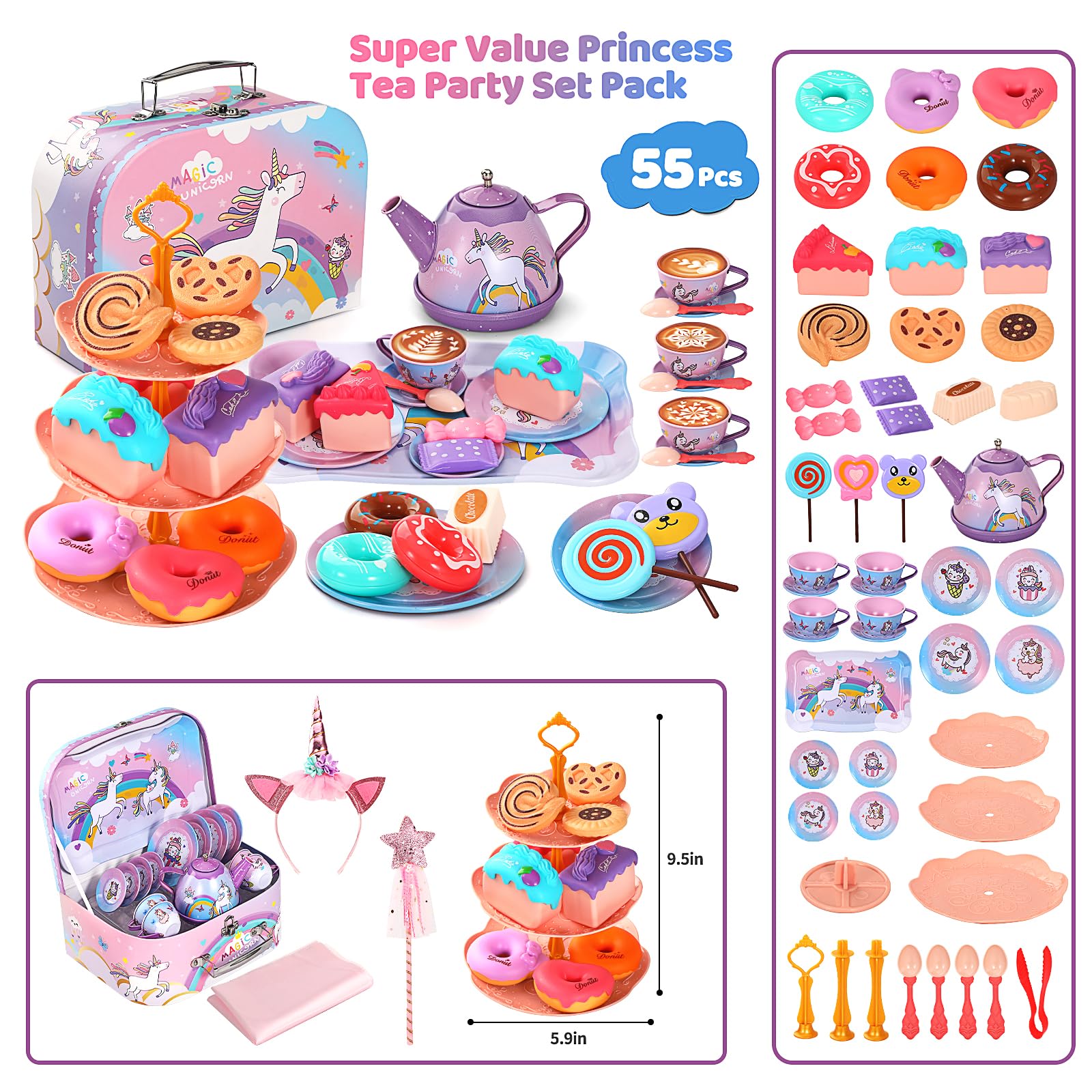 Quiet Flower unicorn princess tin tea set with layered cake stand for pretend dining.