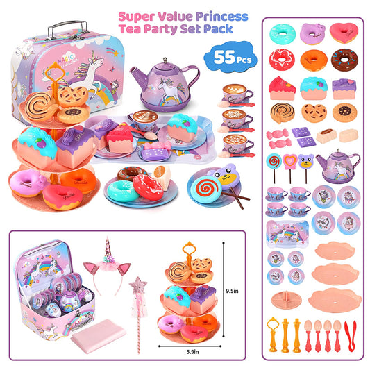 Quiet Flower unicorn princess tin tea set with layered cake stand for pretend dining.