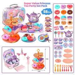 Quiet Flower unicorn princess tin tea set with layered cake stand for pretend dining.