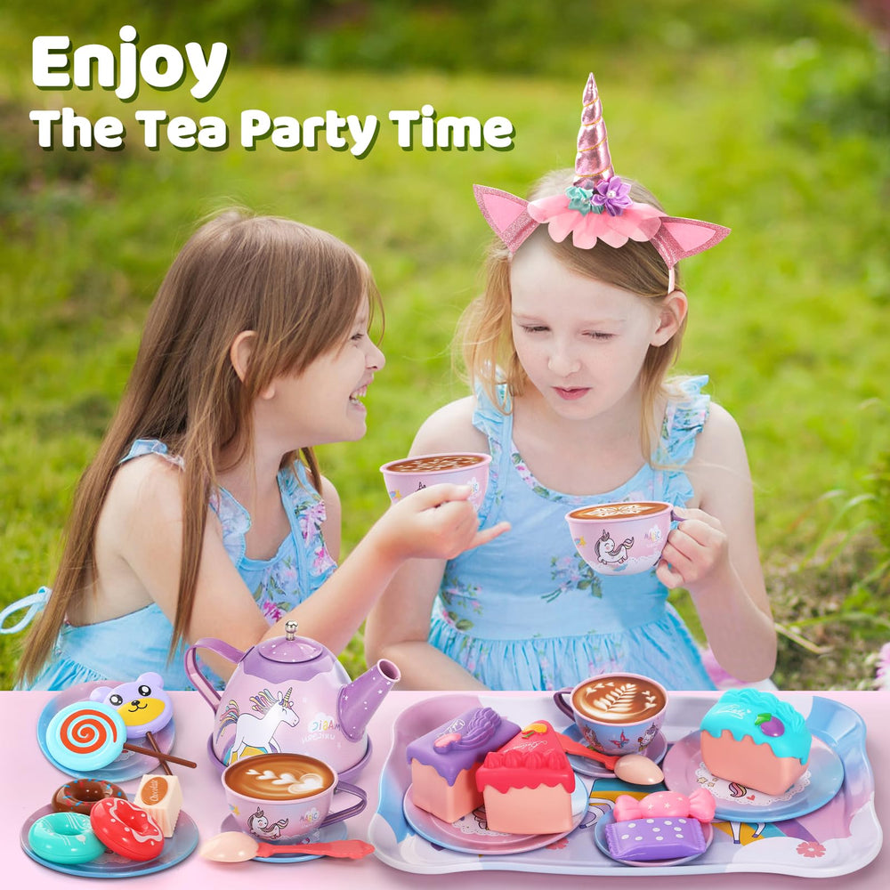 Quiet Flower unicorn princess tin tea set prompts imaginative pretend parties.