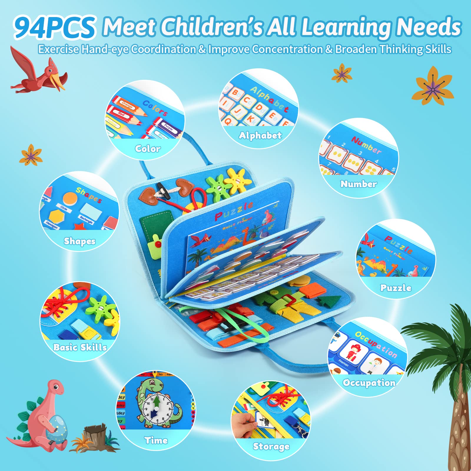 Quiet Flower Busy Board Velcro pages for modular learning setup.