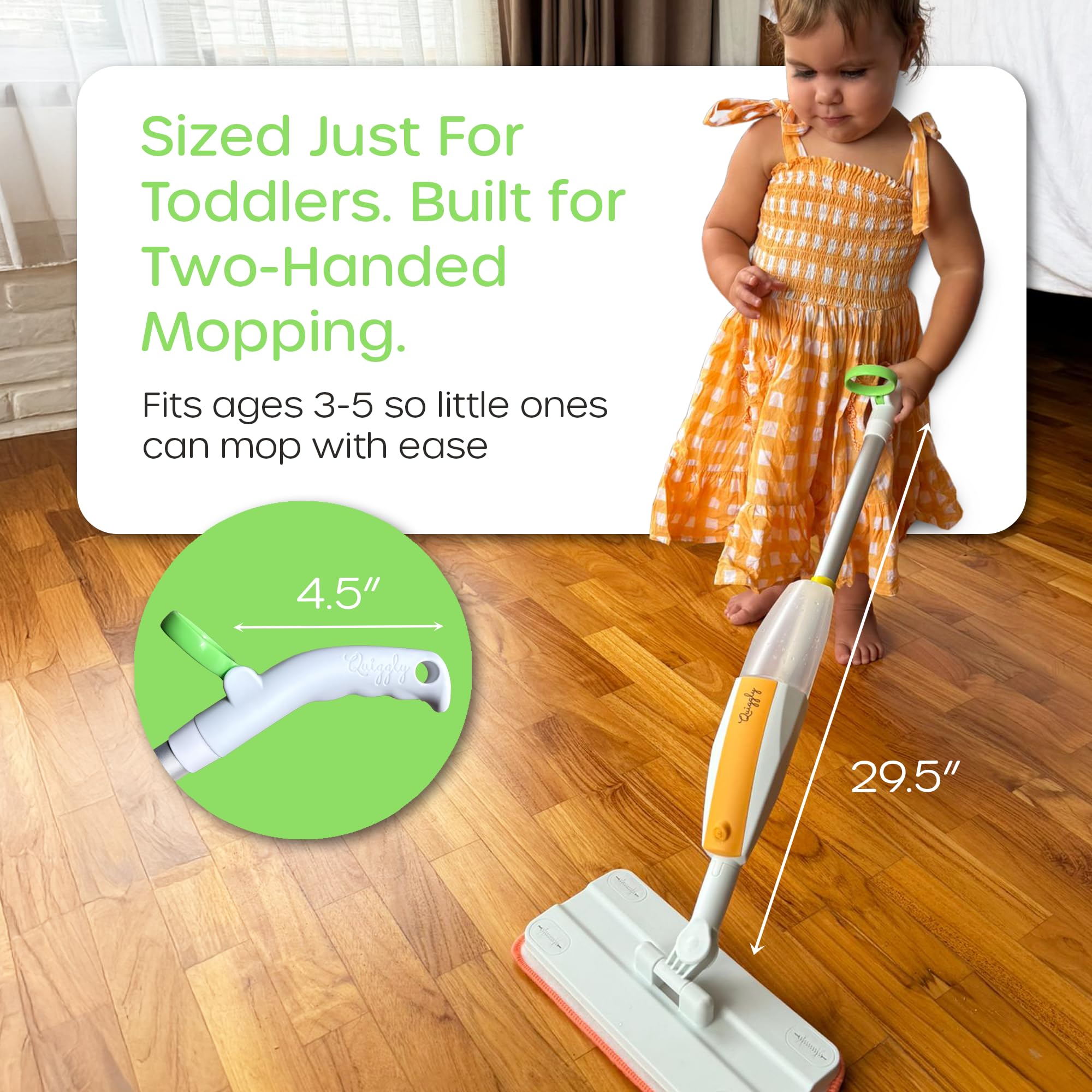 Quiggly toddler spray mop kid-sized handle promotes easy grip and safety