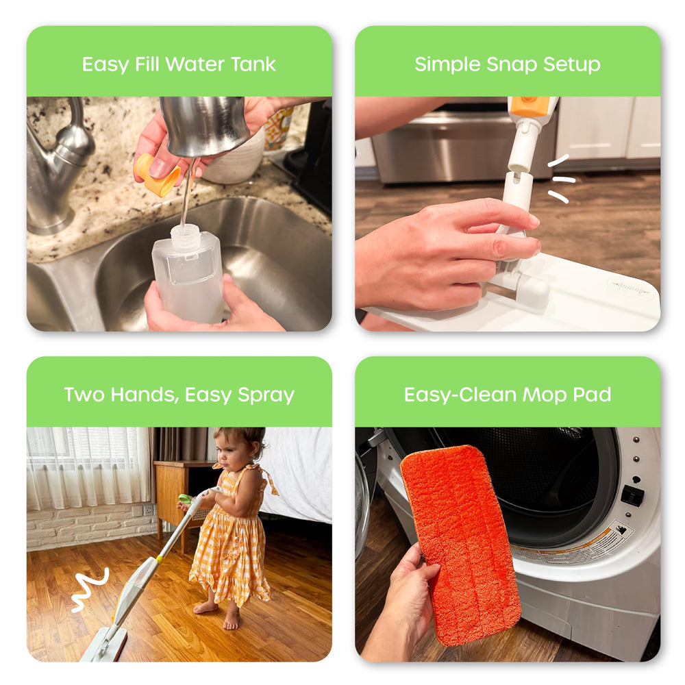 Quiggly toddler spray mop Montessori-style pretend play boosts responsibility