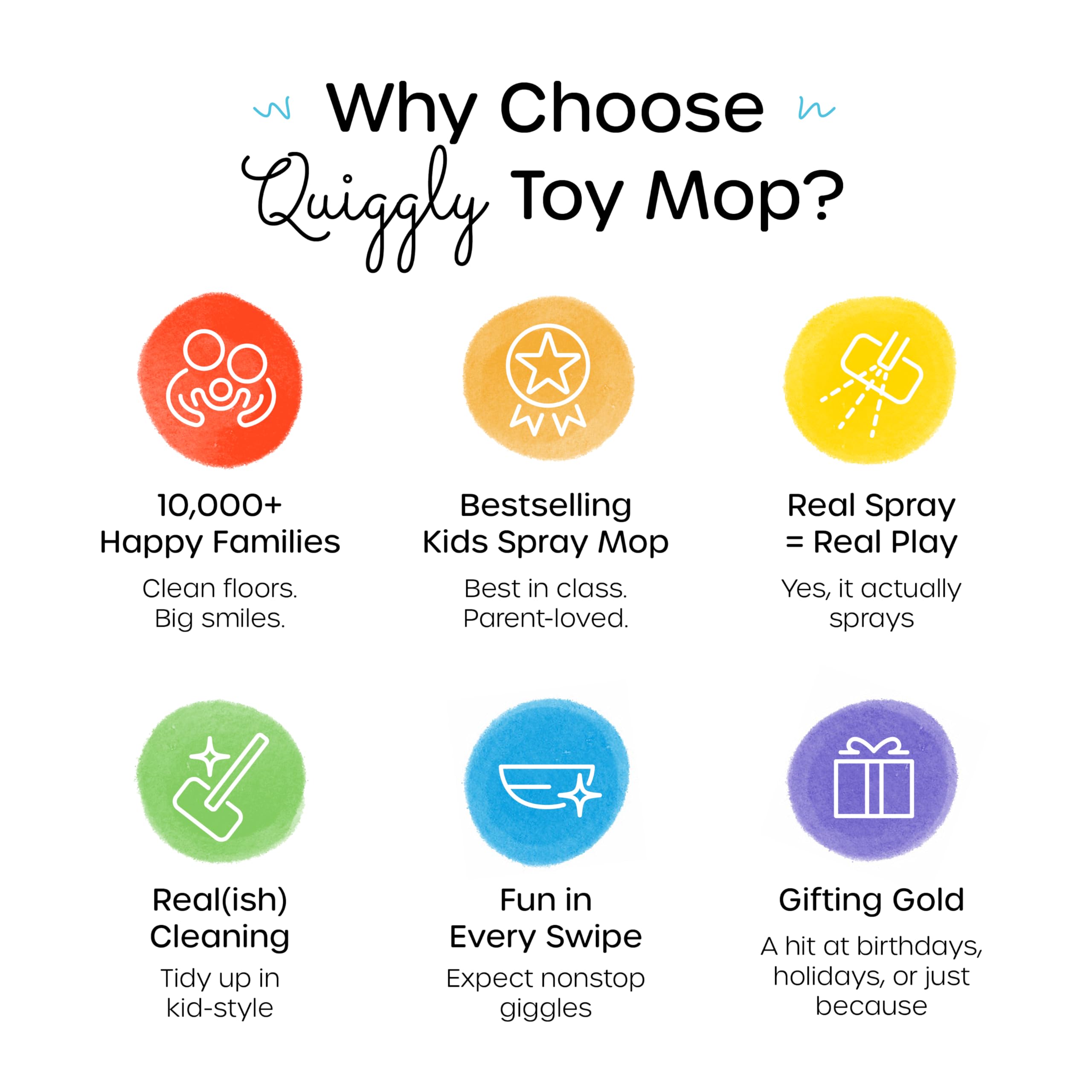 Quiggly Toy Spray Mop squeeze-and-spray feature enables realistic pretend cleaning.