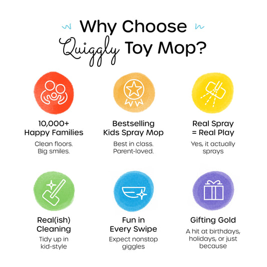 Quiggly Toy Spray Mop squeeze-and-spray feature enables realistic pretend cleaning.
