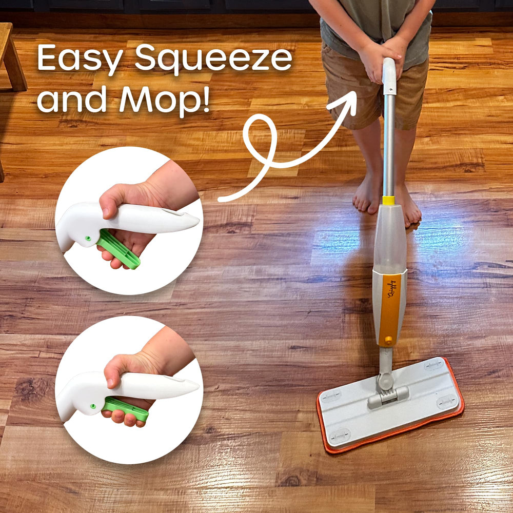 Quiggly Toy Spray Mop supports Swiffer compatibility for easy cloth reuse.
