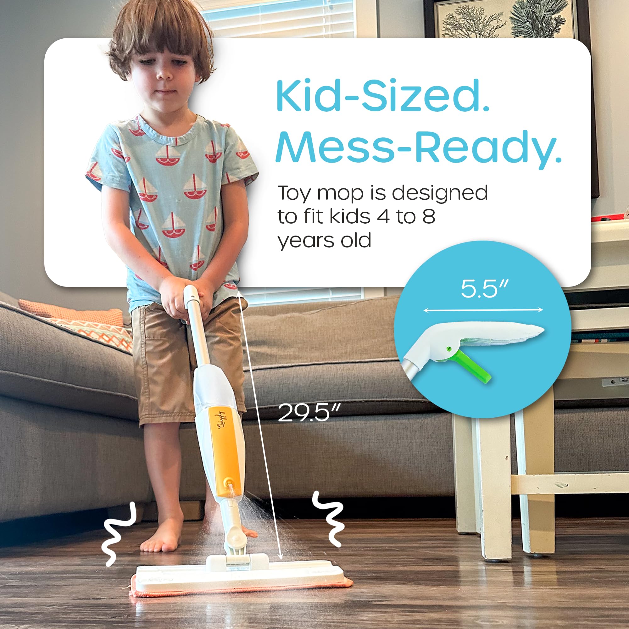 Quiggly Toy Spray Mop microfiber pad is machine washable after playtime.