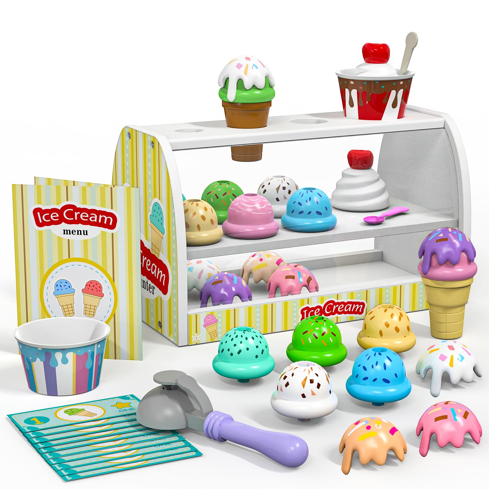 Quimsity ice cream counter play setup with toppings promoting imaginative play and social skills
