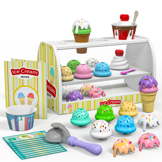 Quimsity ice cream counter play setup with toppings promoting imaginative play and social skills