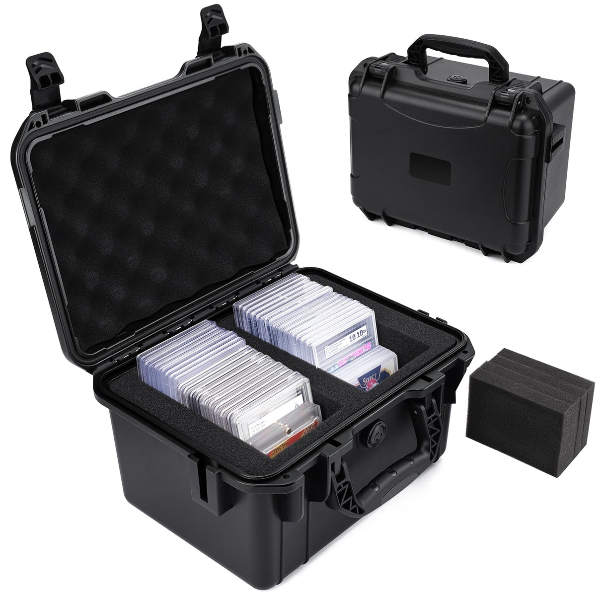 QINGUANG graded card storage box top view with foam dividers for secure storage.