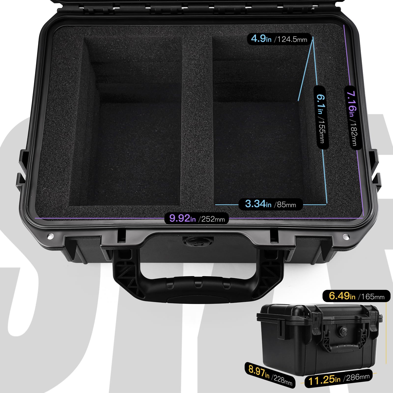 QINGUANG trading card case interior showing 4 foam dividers for organization.
