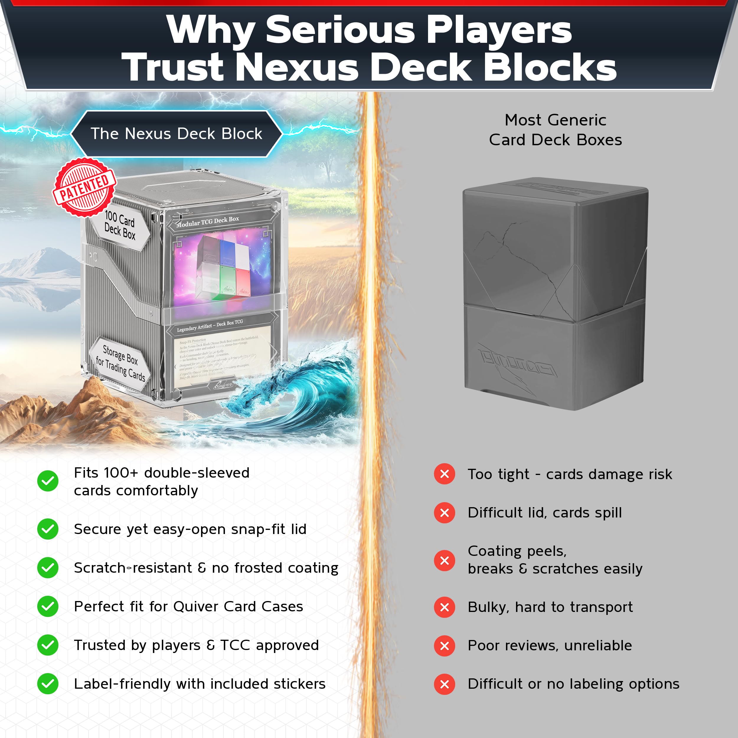 Quiver Time Nexus DeckBlock holds 100+ double-sleeved commander cards for reliable organization.