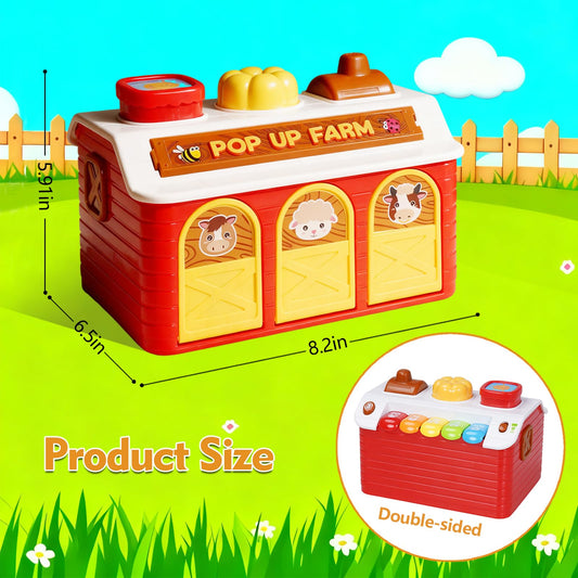 Quliwise pop-up farm toy buttons and lights stimulate sensory exploration during play
