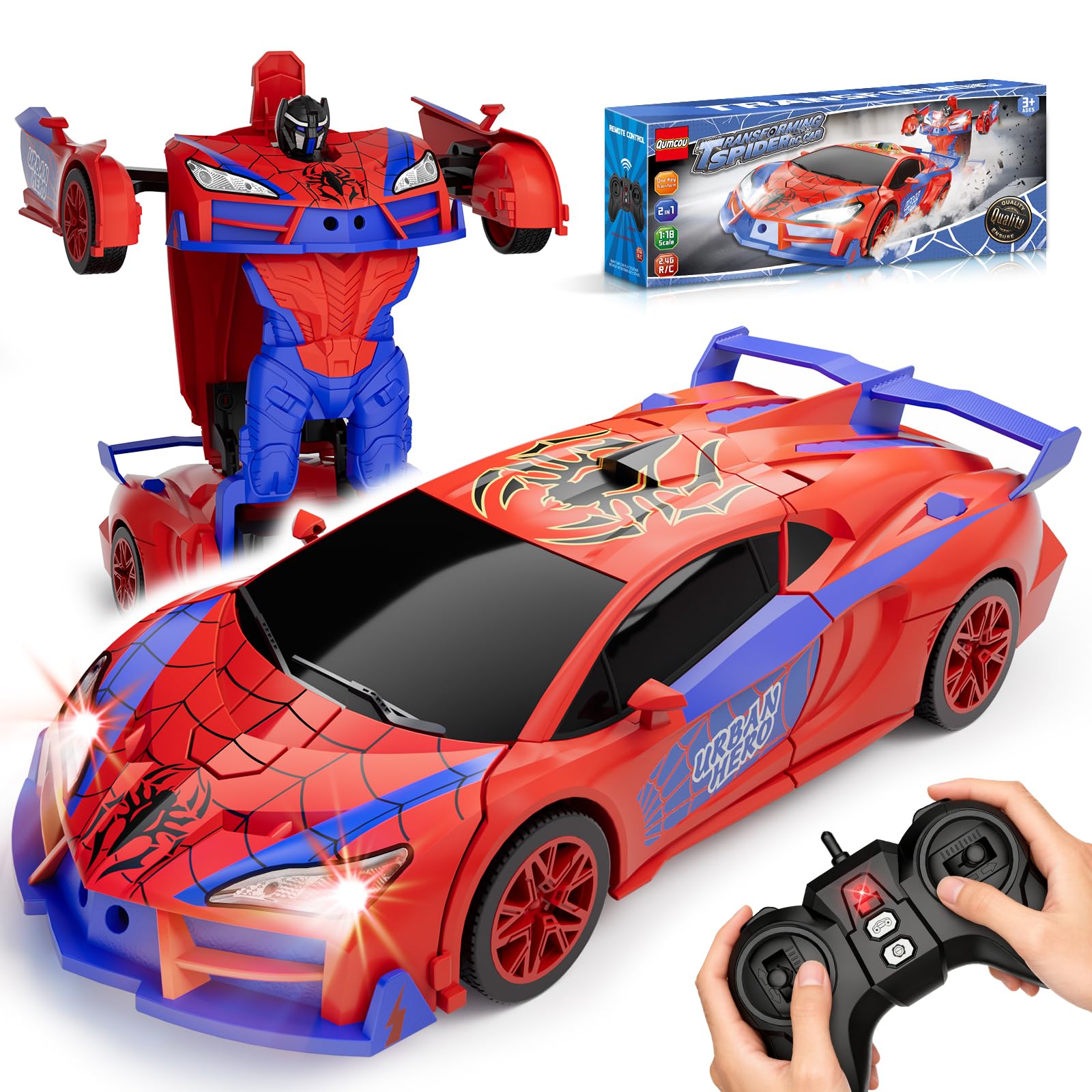 Qumcou Spider RC car with red and blue lights, seen head-on.