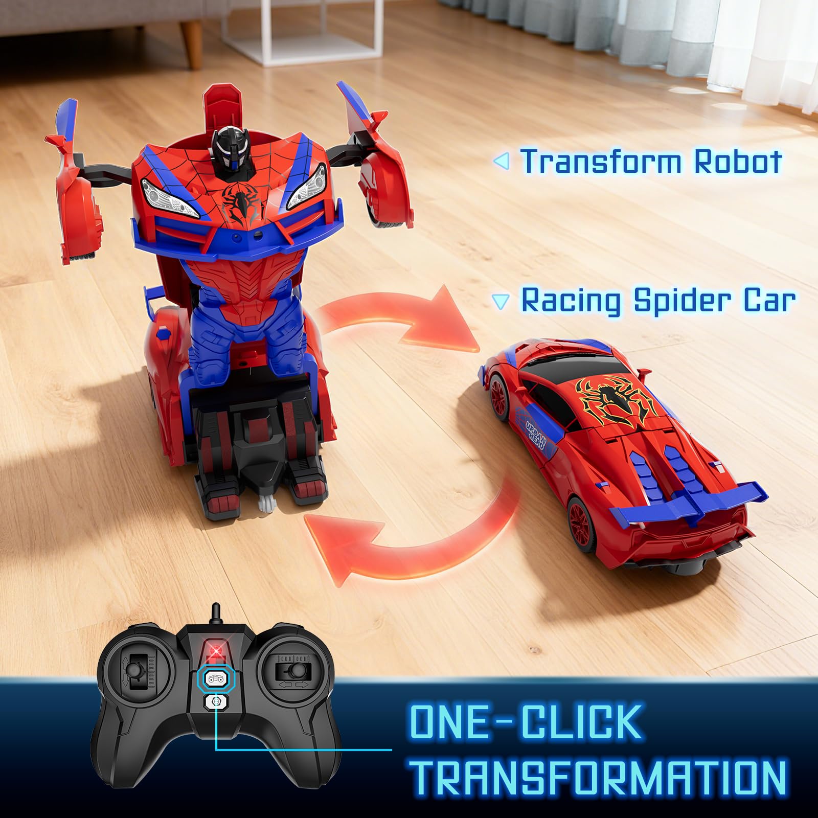 Qumcou Spider transforms to robot mode with a button for imaginative play.