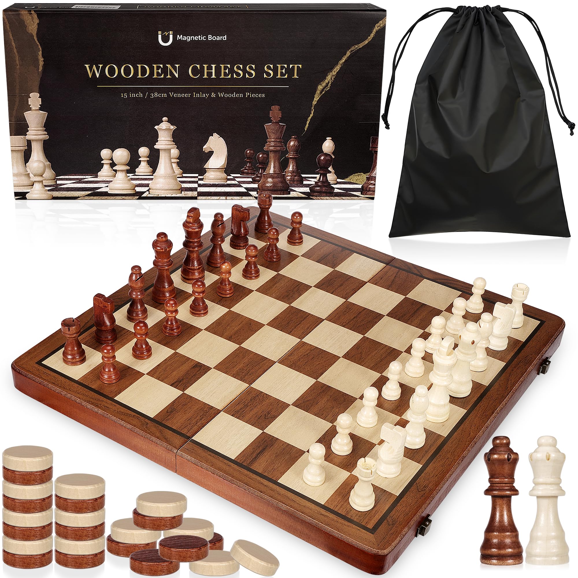 QUMMFA 2-in-1 wooden chess board folding for portable play and storage.